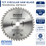 250mm x 40T TCT Circular Wood Saw Blade. Fits Bosch Makita Dewalt Circular Saws Etc