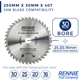 250mm x 40T TCT Circular Wood Saw Blade. Fits Bosch Makita Dewalt Circular Saws Etc