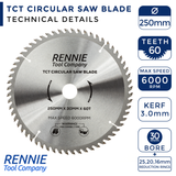 250mm x 60T TCT Circular Wood Saw Blade. Fits Bosch Makita Dewalt Circular Saws Etc