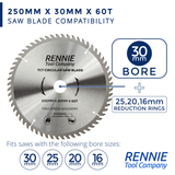 250mm x 60T TCT Circular Wood Saw Blade. Fits Bosch Makita Dewalt Circular Saws Etc