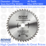255mm x 40T TCT Circular Wood Saw Blade. Fits Bosch Makita Dewalt Circular Saws Etc