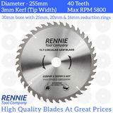 255mm x 40T TCT Circular Wood Saw Blade. Fits Bosch Makita Dewalt