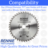 255mm x 40T TCT Circular Wood Saw Blade. Fits Bosch Makita Dewalt Circular Saws Etc