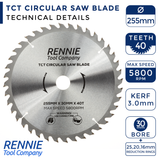 255mm x 40T TCT Circular Wood Saw Blade. Fits Bosch Makita Dewalt Circular Saws Etc