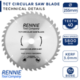 255mm x 25.4mm Bore x 40T TCT Circular Wood Saw Blade Fits Evolution Saws & Evolution  Rage Saws