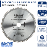 255mm x 80T TCT Circular Wood Saw Blade. Fits Bosch Makita Dewalt Circular Saws Etc