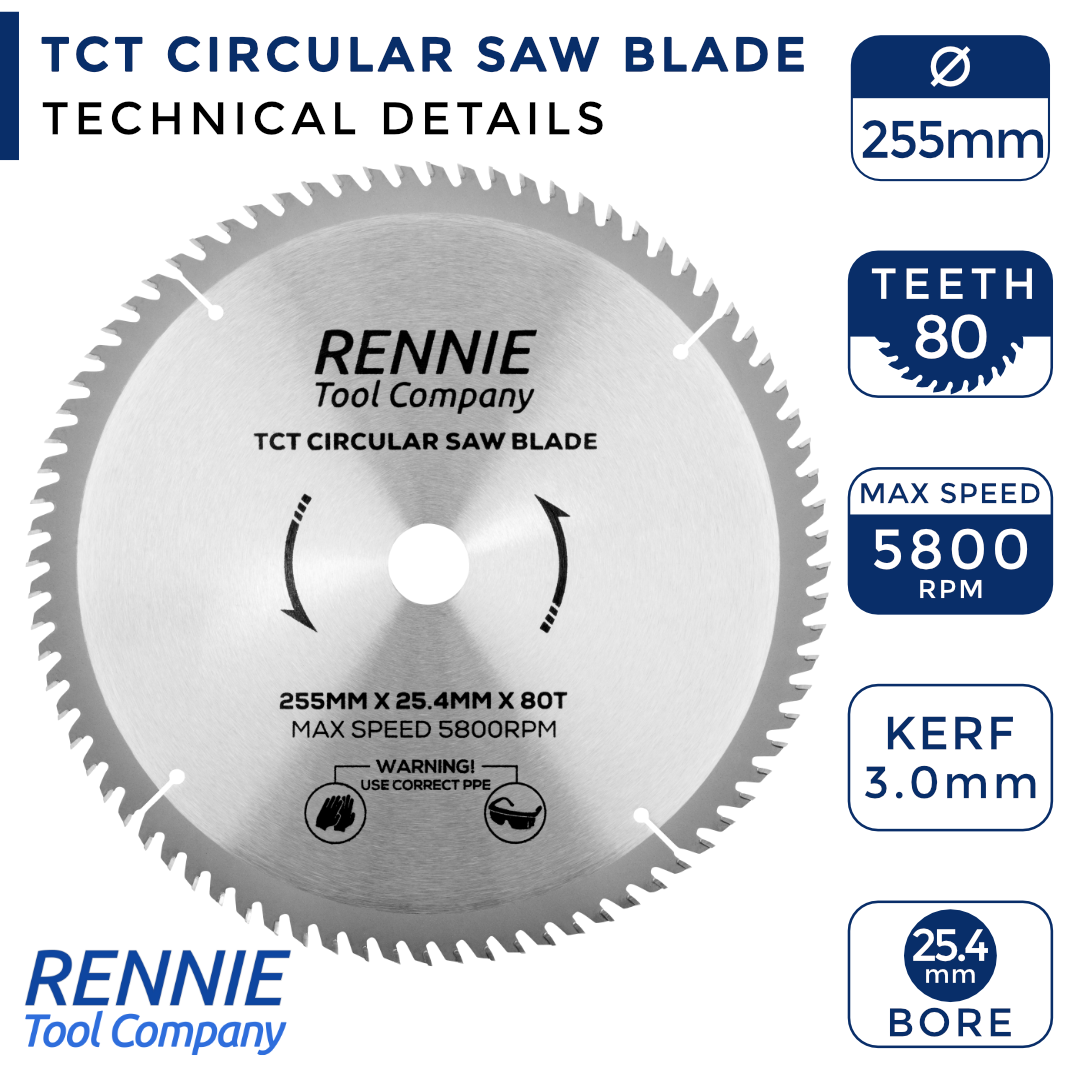 255mm x 25.4mm Bore x 80T TCT Circular Wood Saw Blade