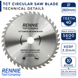 260mm x 40T TCT Circular Wood Saw Blade. Fits Festool Bosch Makita Dewalt Circular Saws Etc