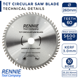 260mm x 60T TCT Circular Wood Saw Blade. Fits Festool Bosch Makita Dewalt Circular Saws Etc
