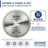 260mm x 60T TCT Circular Wood Saw Blade. Fits Festool Bosch Makita Dewalt Circular Saws Etc