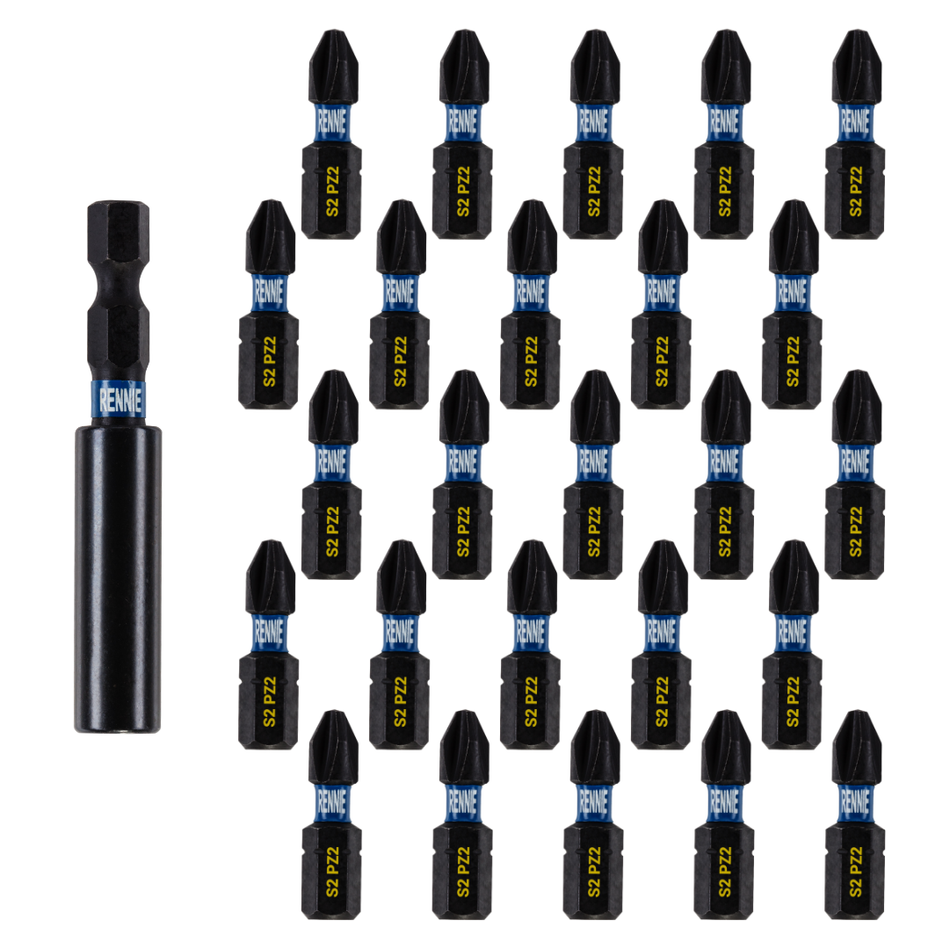 26 Pack PZ2 x 25mm Impact Screwdriver Bits Set Pozidriv (Pozi 2) With Impact Bit Holder