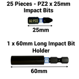 26 Pack PZ2 x 25mm Impact Screwdriver Bits Set Pozidriv (Pozi 2) With Impact Bit Holder