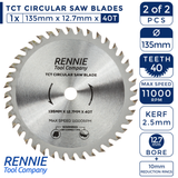 Pack Of 2 - 135mm x 40T & 24T TCT Circular Wood Saw Blade Fits Bosch, Makita, Black & Decker, Dewalt etc