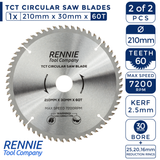 2 Pack - 210mm x 40T & 60T TCT Circular Wood Saw Blades. Fits Festool Bosch Makita Dewalt Circular Saws Etc