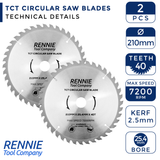2 Pack - 255mm x 25.4mm Bore x 40T TCT Circular Saw Blades For Evolution Saws