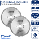 2 Pack - 210mm x 25.4mm Bore x 80T TCT Circular Wood Saw Blade Fits Evolution Saws & Evolution Rage Saws