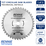 2-Pack 255mm x 40T & 80T x 25.4mm Bore TCT Circular Wood Saw Blades 255mm, Fits Evolution Saws