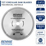 2-Pack 255mm x 40T & 80T x 25.4mm Bore TCT Circular Wood Saw Blades 255mm, Fits Evolution Saws