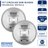 2 Pack - 255mm x 25.4mm Bore x 80T TCT Circular Wood Saw Blades Fits Evolution Saws & Evolution Rage Saws