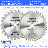 Pack Of 2 - 135mm x 40T & 24T TCT Circular Wood Saw Blade Fits Bosch, Makita, Black & Decker, Dewalt etc