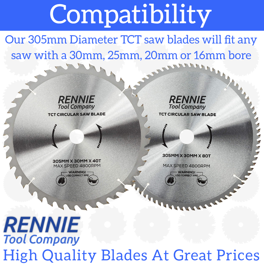 Rennie Tools - 305mm X 30mm X 40T TCT Circular Wood Saw Blade Includes 25mm 20mm & 16mm Bore Reduction Rings. Compatible With Bosch Makita Dewalt Circular Saw Etc