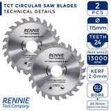 2 Pack - 115mm x 24T TCT Circular Wood Saw Blades for Various Saws