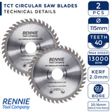 2 Pack -  115mm x 40T TCT Circular Wood Saw Blades Fits Bosch, Dewalt, Festool, Makita, Worx, Black & Decker etc