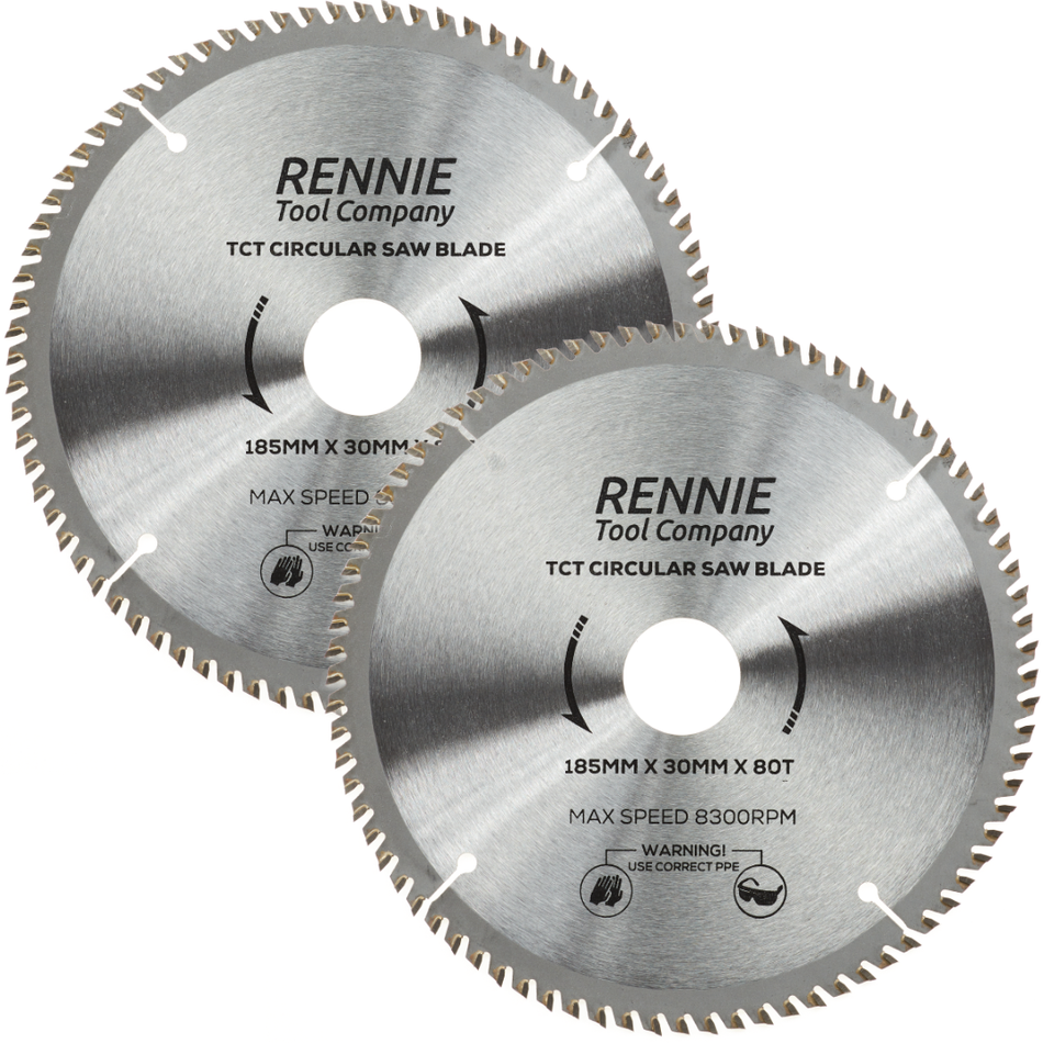 2 Pack - 185mm x 80T TCT Circular Wood Saw Blades. Fits Evolution Bosch Makita Ryobi Dewalt Circular Saws Etc
