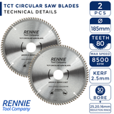 2 Pack - 185mm x 80T TCT Circular Wood Saw Blades. Fits Evolution Bosch Makita Ryobi Dewalt Circular Saws Etc