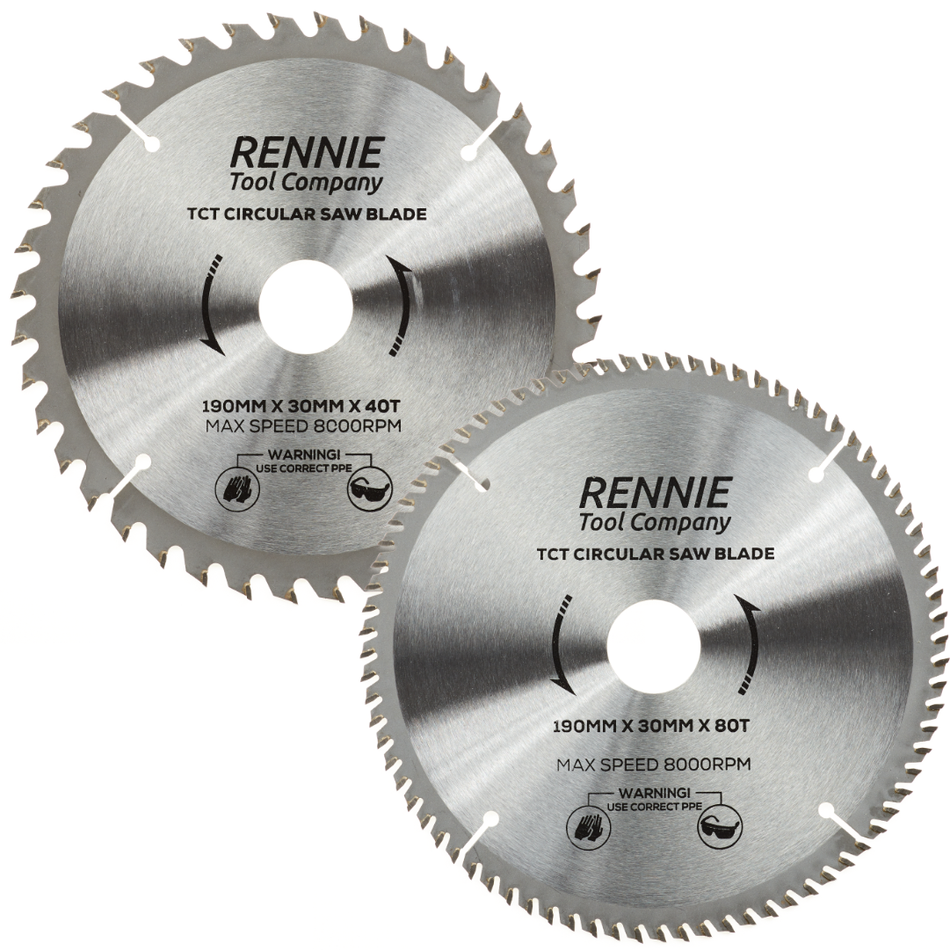 2 Pack - 190mm x 40T & 80T TCT Circular Wood Saw Blades. Fits Evolution Bosch Makita Ryobi Dewalt Circular Saws Etc