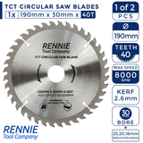 2 Pack - 190mm x 40T & 80T TCT Circular Wood Saw Blades. Fits Evolution Bosch Makita Ryobi Dewalt Circular Saws Etc
