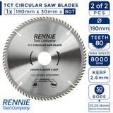 2 Pack - 190mm x 40T & 80T TCT Circular Wood Saw Blades. Fits Evolution Bosch Makita Ryobi Dewalt Circular Saws Etc