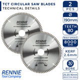 2 Pack - 190mm x 80T TCT Circular Wood Saw Blades. Fits Evolution Bosch Makita Ryobi Dewalt Circular Saws Etc