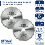2 Pack - 216mm x 80T TCT Circular Wood Saw Blade. Fits Multiple Saws