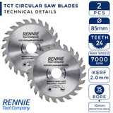 2 Pack - 85mm x 24T TCT Circular Wood Saw Blades Fits Bosch, Festool, Makita, Worx, Balck & Decker etc