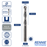 Solid Carbide 2 Flute Ballnose Up Cut Router Bits