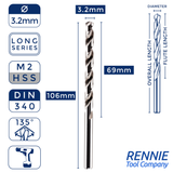 1 x DIN340 HSS Long Series Jobber Drill Bit M2 Fully Ground