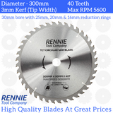 300mm x 40T TCT Circular Wood Saw Blade. Fits Multiple Circular Saws.