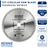 300mm x 60T TCT Circular Wood Saw Blade. Fits Bosch Makita Dewalt Circular Saws Etc