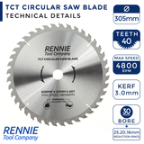 305mm x 40T TCT Circular Wood Saw Blade. Fits Bosch Makita Dewalt Circular Saws Etc