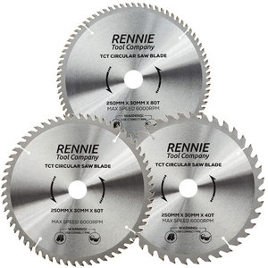 3 Pack - 250mm x 40T 60T & 80T TCT Circular Wood Saw Blade. Fits Bosch Makita Dewalt Circular Saws Etc