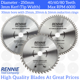 3 Pack - 250mm x 40T 60T & 80T TCT Circular Wood Saw Blade. Fits Bosch Makita Dewalt Circular Saws Etc