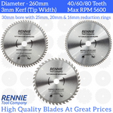 3 Pack - 260mm x 40T 60T & 80T TCT Circular Wood Saw Blade. Fits Festool Bosch Makita Dewalt Circular Saws Etc