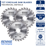 3 Pack - 115mm x 24T TCT Circular Wood Saw Blades Fits Bosch, Festool, Makita, Worx, Balck & Decker etc