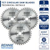 3 Pack - 160mm x 36T TCT Circular Wood Saw Blades Fits Bosch, Makita, Black & Decker, ,Festool TS55 etc