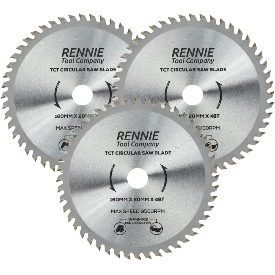 3 Pack - 160mm x 48T TCT Circular Wood Saw Blades Fits Bosch, Makita, Black & Decker, Dewalt, Festool TS55 etc