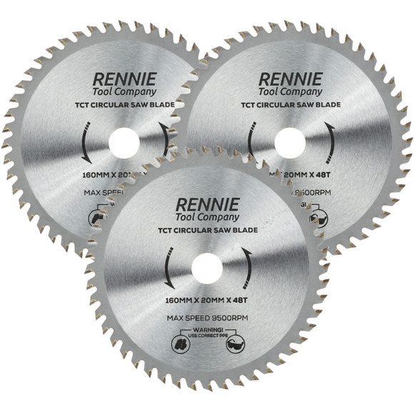 3 Pack - 160mm x 48T TCT Circular Wood Saw Blades Fits Bosch, Makita, Black & Decker, Dewalt, Festool TS55 etc