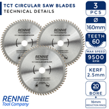 3 Pack - 160mm x 60T TCT Circular Wood Saw Blades Fits Bosch, Makita, Black & Decker, Dewalt Festool TS55 etc