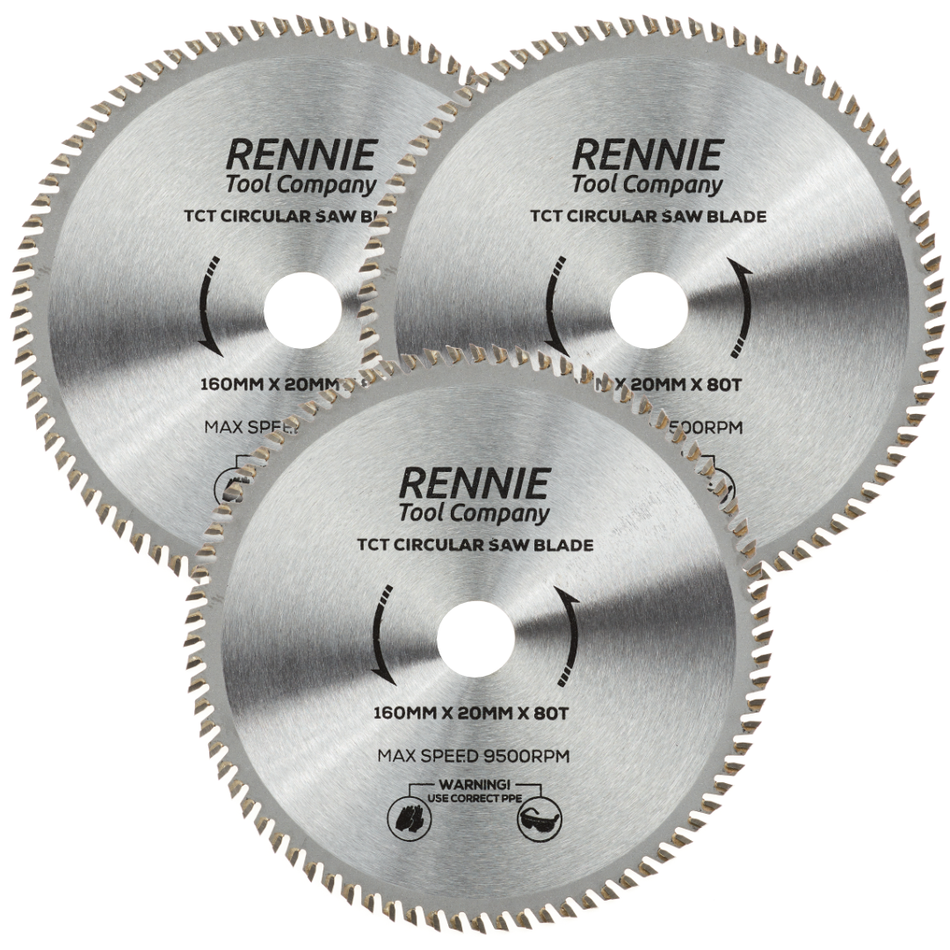3 Pack - 160mm x 80T TCT Circular Wood Saw Blades Fits Bosch, Makita, Black & Decker, Dewalt Festool TS55 etc