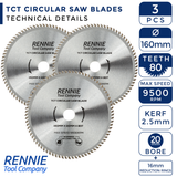 3 Pack - 160mm x 80T TCT Circular Wood Saw Blades Fits Bosch, Makita, Black & Decker, Dewalt Festool TS55 etc